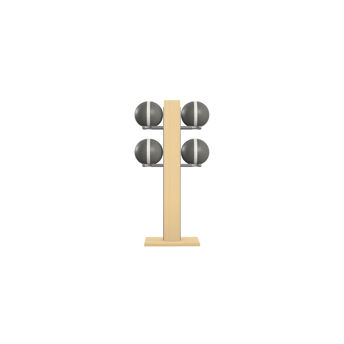 Luxury fitness equipment,  4 leather medicine ball on vertical wooden stand, handcrafted with premium Italian grey leather and natural ash wood. PENT. MOXA Set