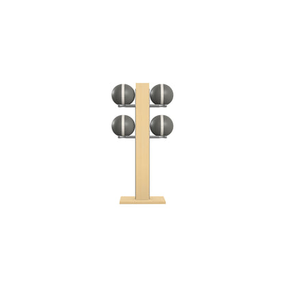 Luxury fitness equipment,  4 leather medicine ball on vertical wooden stand, handcrafted with premium Italian grey leather and natural ash wood. PENT. MOXA Set