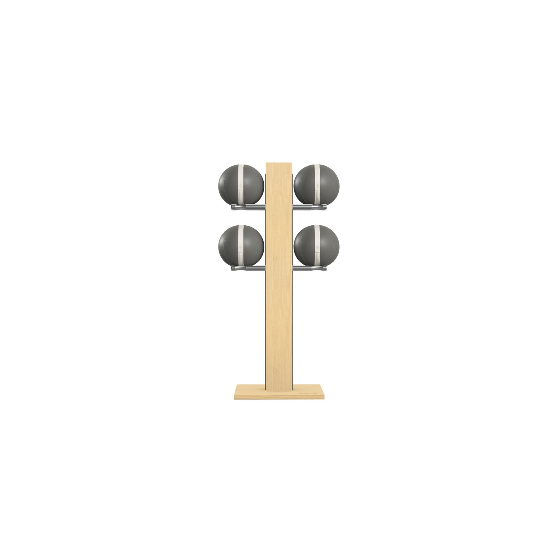 Luxury fitness equipment,  4 leather medicine ball on vertical wooden stand, handcrafted with premium Italian grey leather and natural ash wood. PENT. MOXA Set