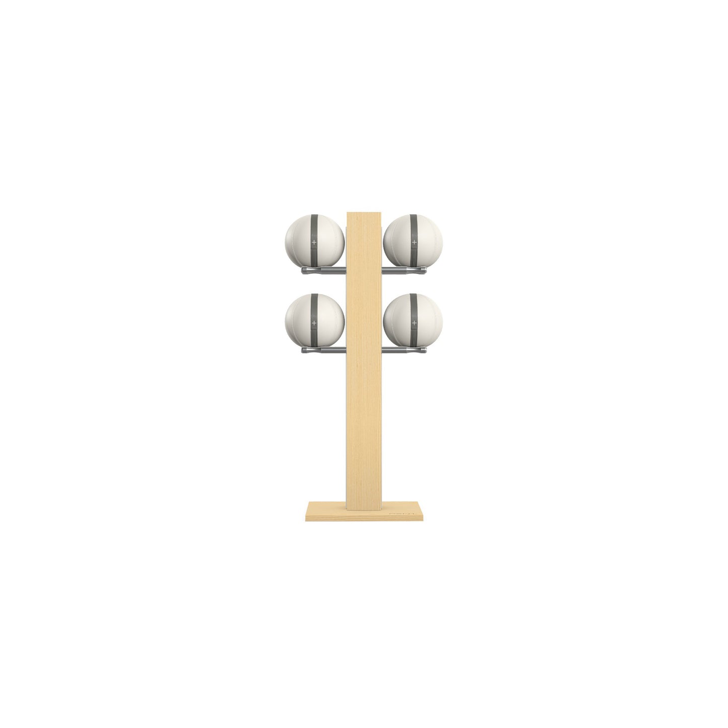 Luxury fitness equipment,  4 leather medicine ball on vertical wooden stand, handcrafted with premium Italian white leather and natural ash wood. PENT. MOXA Set