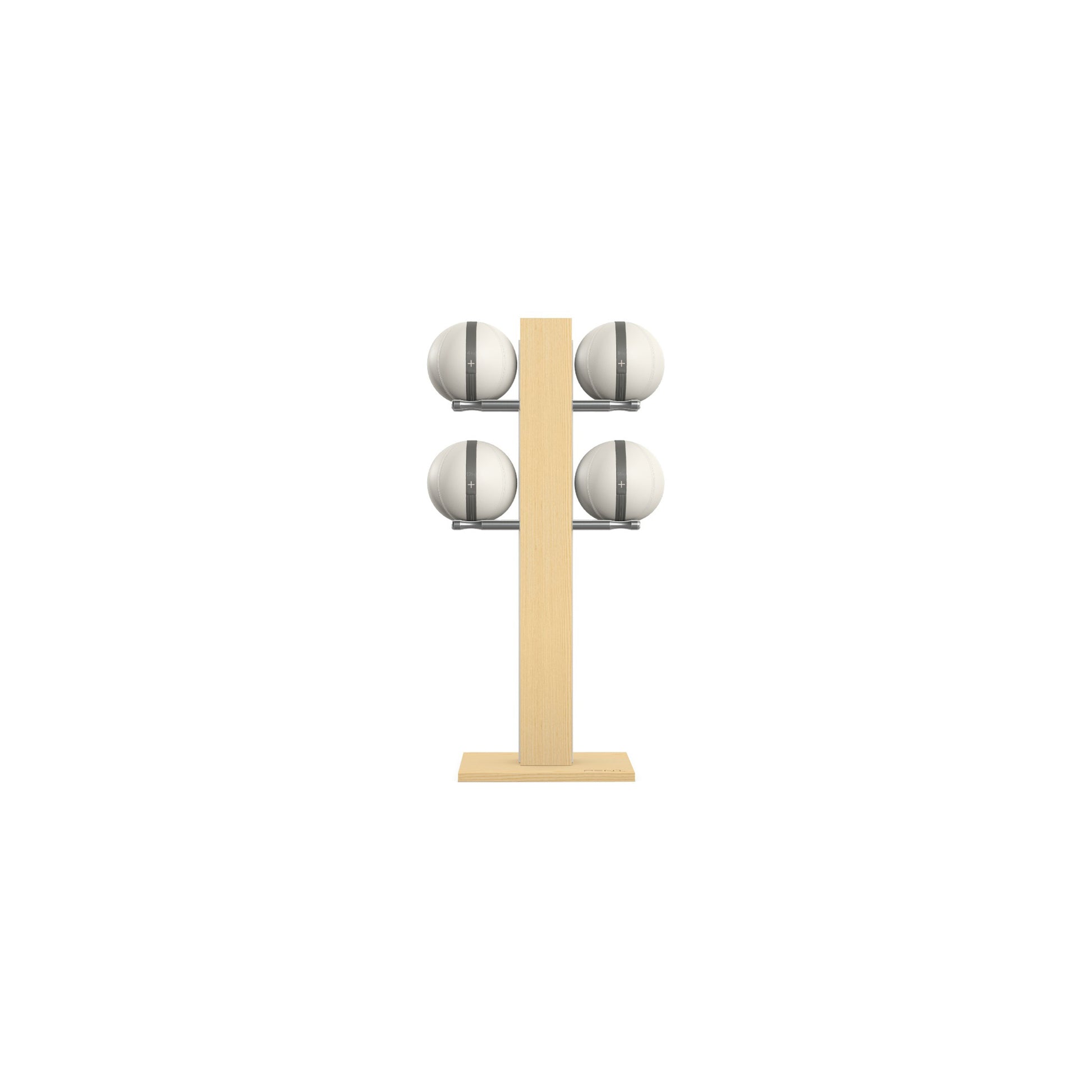 Luxury fitness equipment,  4 leather medicine ball on vertical wooden stand, handcrafted with premium Italian white leather and natural ash wood. PENT. MOXA Set