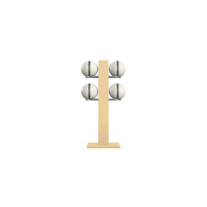 Luxury fitness equipment,  4 leather medicine ball on vertical wooden stand, handcrafted with premium Italian white leather and natural ash wood. PENT. MOXA Set