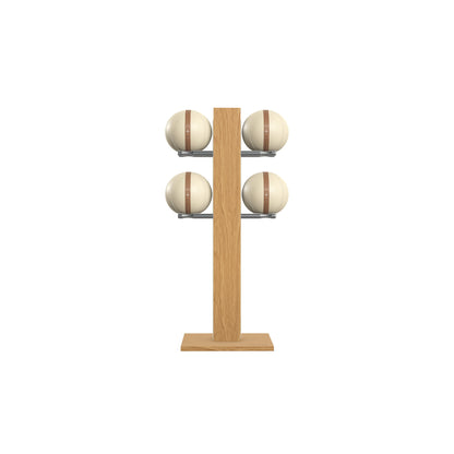 Luxury fitness equipment,  4 leather medicine ball on vertical wooden stand, handcrafted with premium Italian beige leather and natural oak wood. PENT. MOXA Set