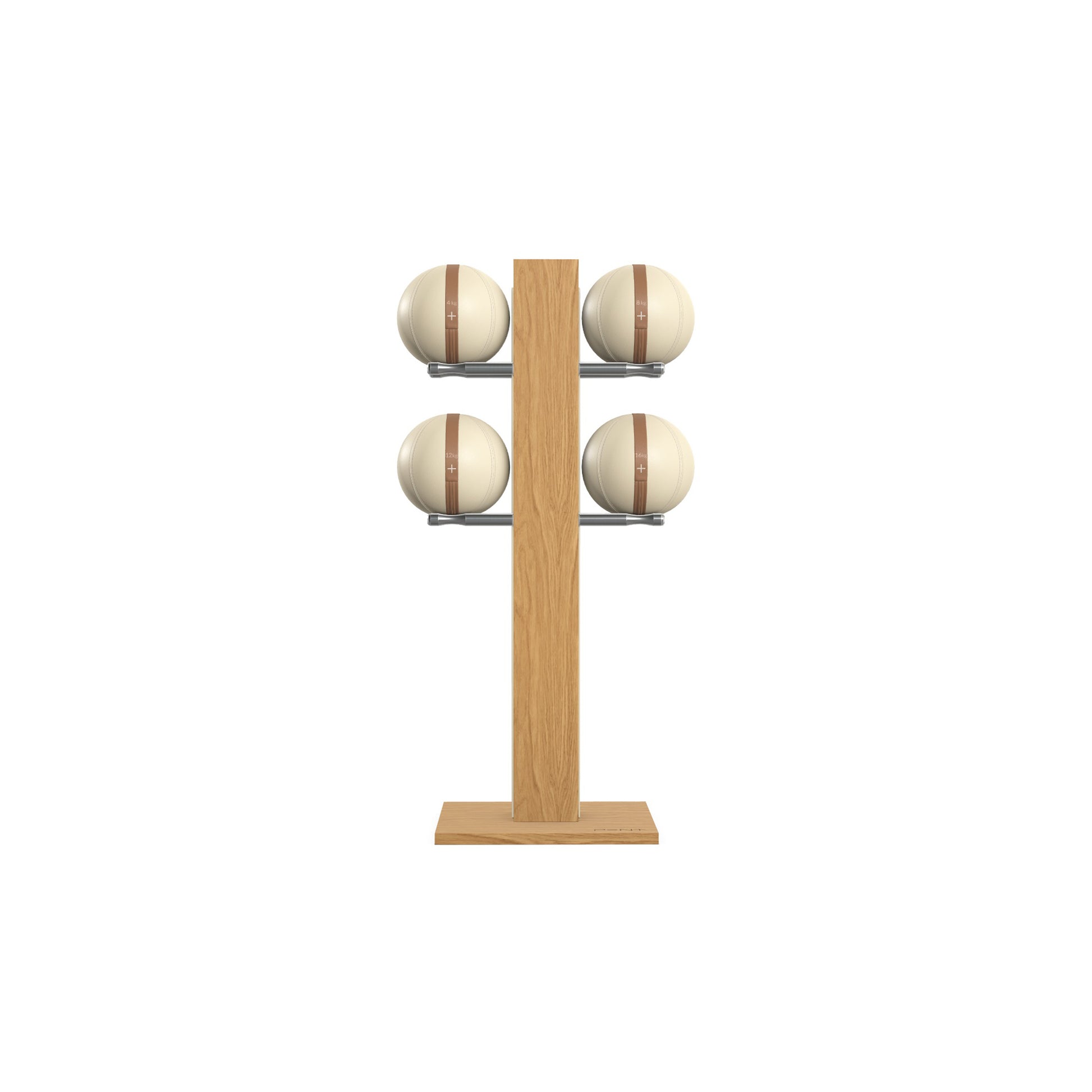 Luxury fitness equipment,  4 leather medicine ball on vertical wooden stand, handcrafted with premium Italian beige leather and natural oak wood. PENT. MOXA Set