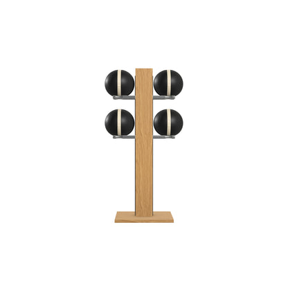 Luxury fitness equipment,  4 leather medicine ball on vertical wooden stand, handcrafted with premium Italian black leather and natural oak wood. PENT. MOXA Set
