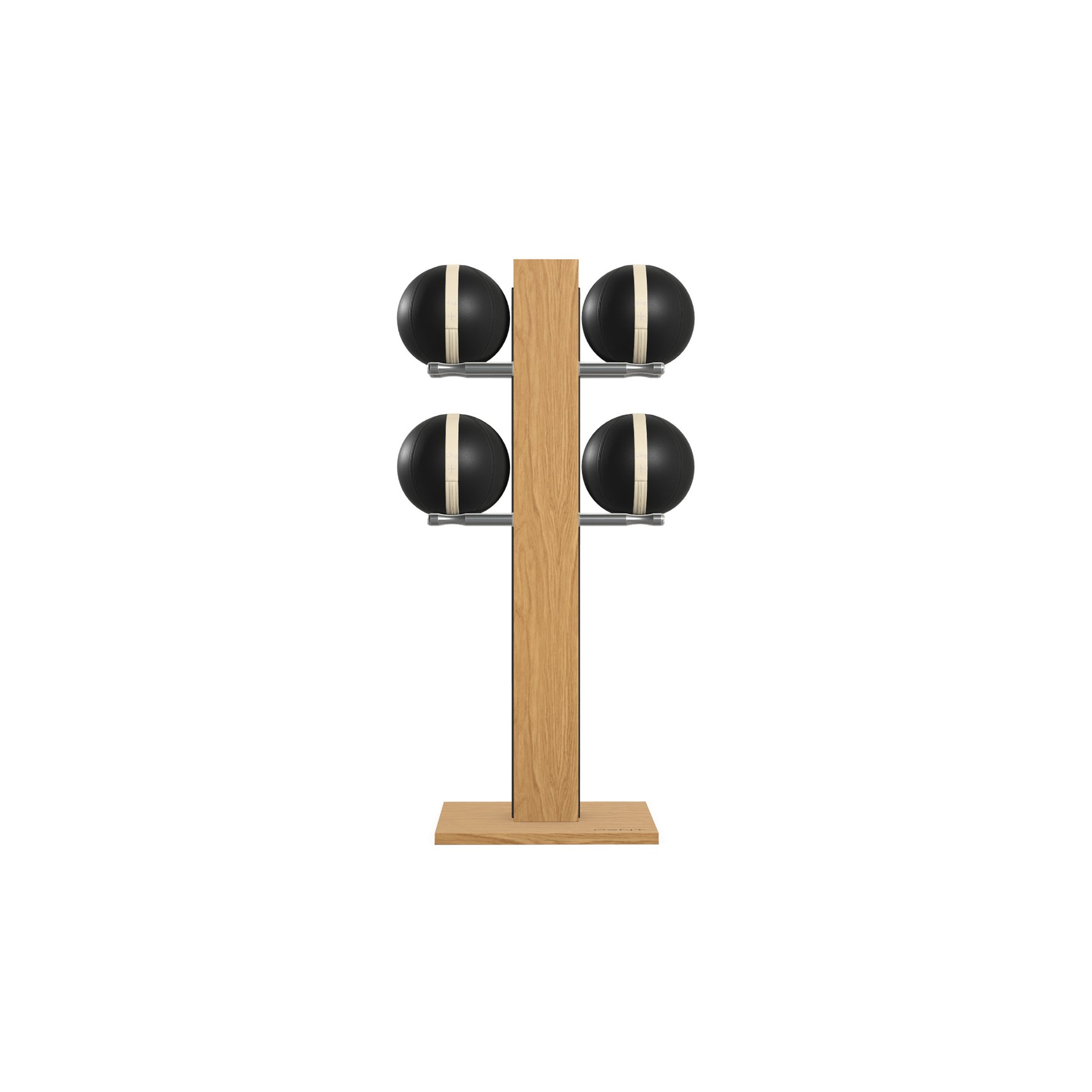 Luxury fitness equipment,  4 leather medicine ball on vertical wooden stand, handcrafted with premium Italian black leather and natural oak wood. PENT. MOXA Set