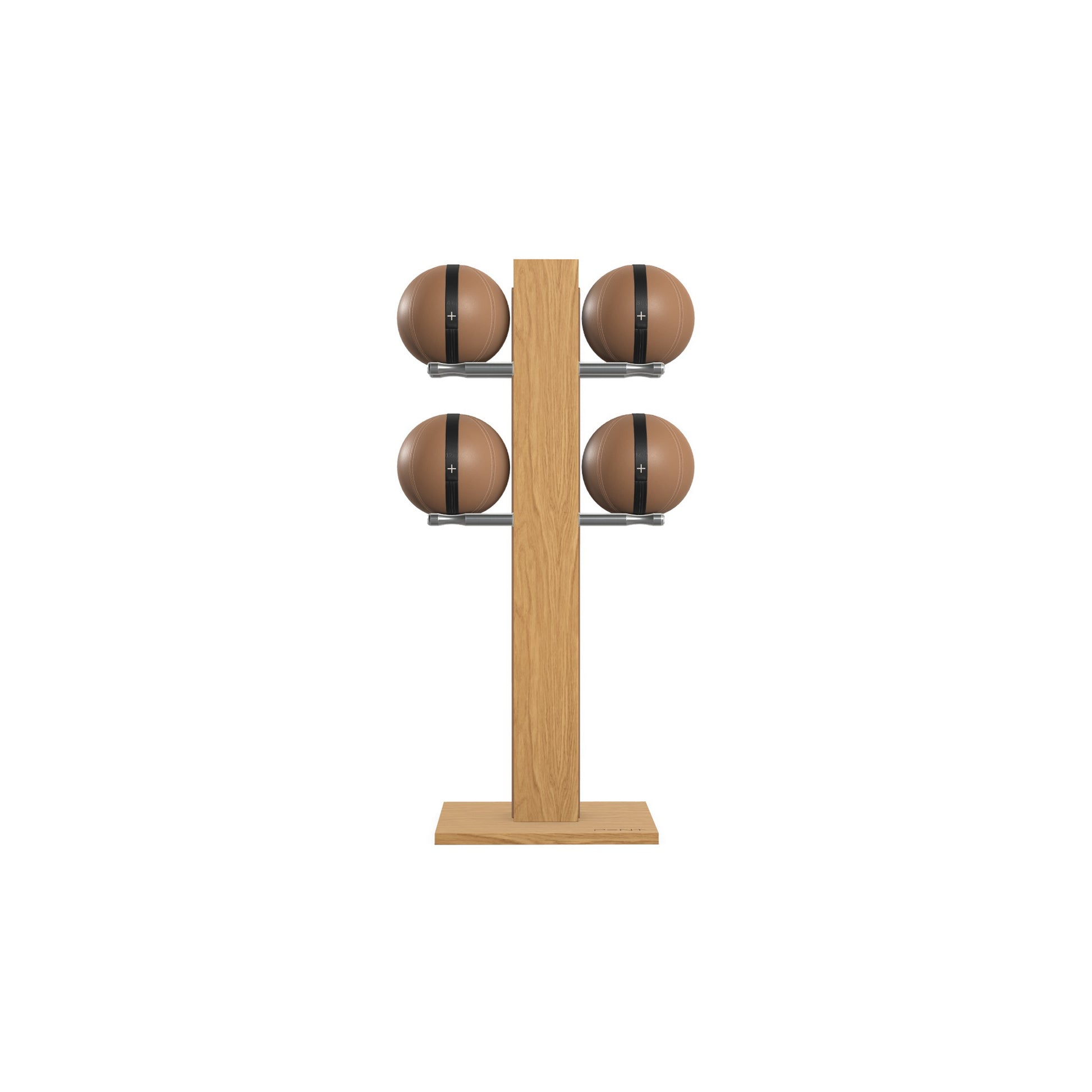 Luxury fitness equipment,  4 leather medicine ball on vertical wooden stand, handcrafted with premium Italian brown leather and natural oak wood. PENT. MOXA Set