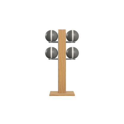Luxury fitness equipment,  4 leather medicine ball on vertical wooden stand, handcrafted with premium Italian grey leather and natural oak wood. PENT. MOXA Set