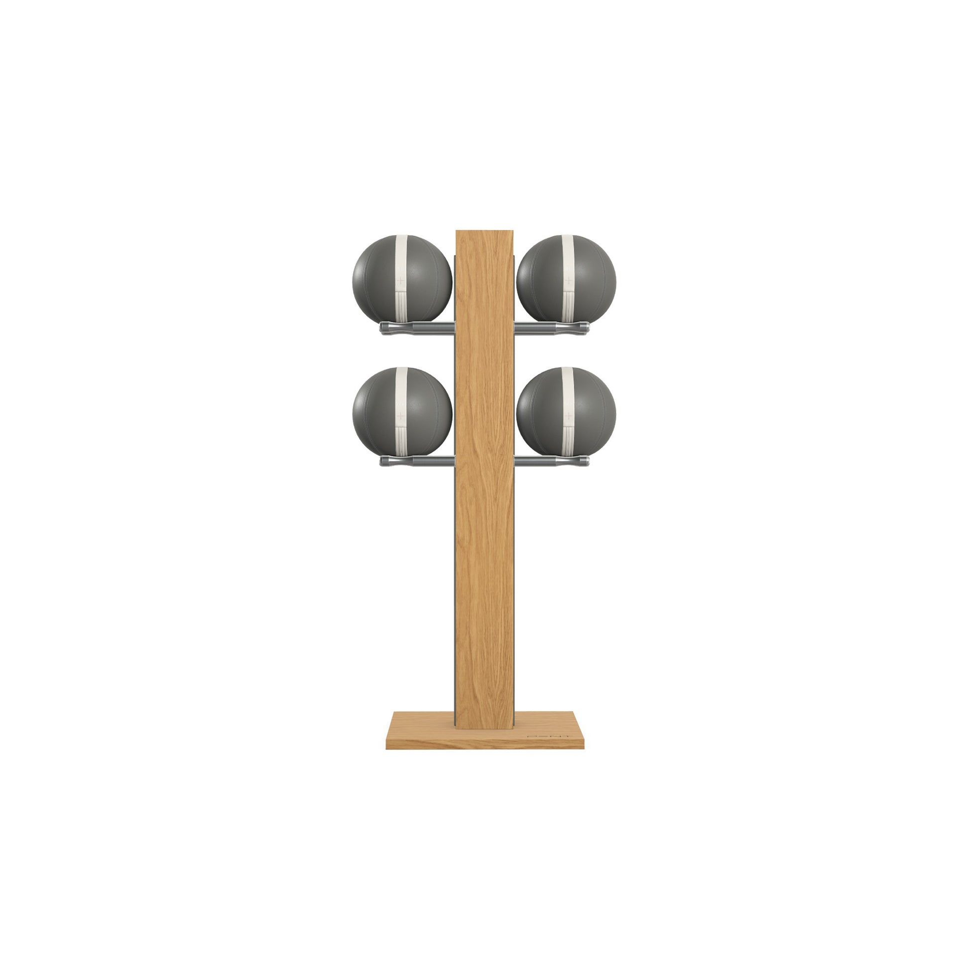 Luxury fitness equipment,  4 leather medicine ball on vertical wooden stand, handcrafted with premium Italian grey leather and natural oak wood. PENT. MOXA Set