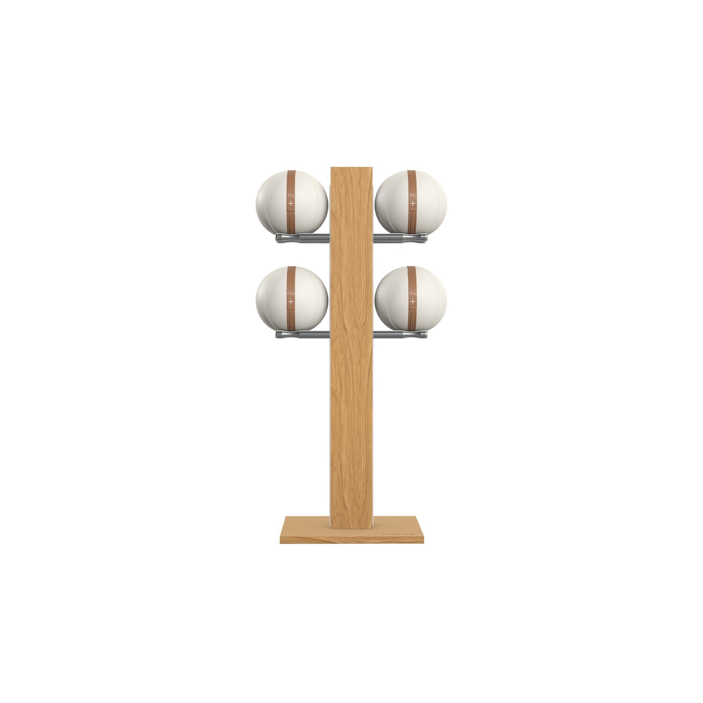 Luxury fitness equipment,  4 leather medicine ball on vertical wooden stand, handcrafted with premium Italian white leather and natural oak wood. PENT. MOXA Set