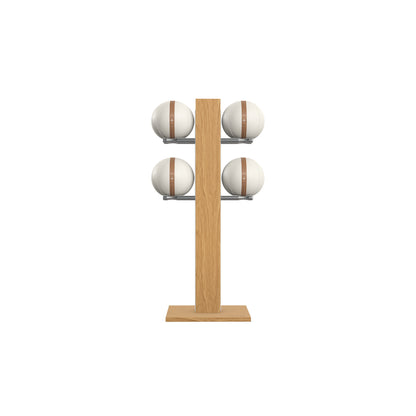 Luxury fitness equipment,  4 leather medicine ball on vertical wooden stand, handcrafted with premium Italian white leather and natural oak wood. PENT. MOXA Set