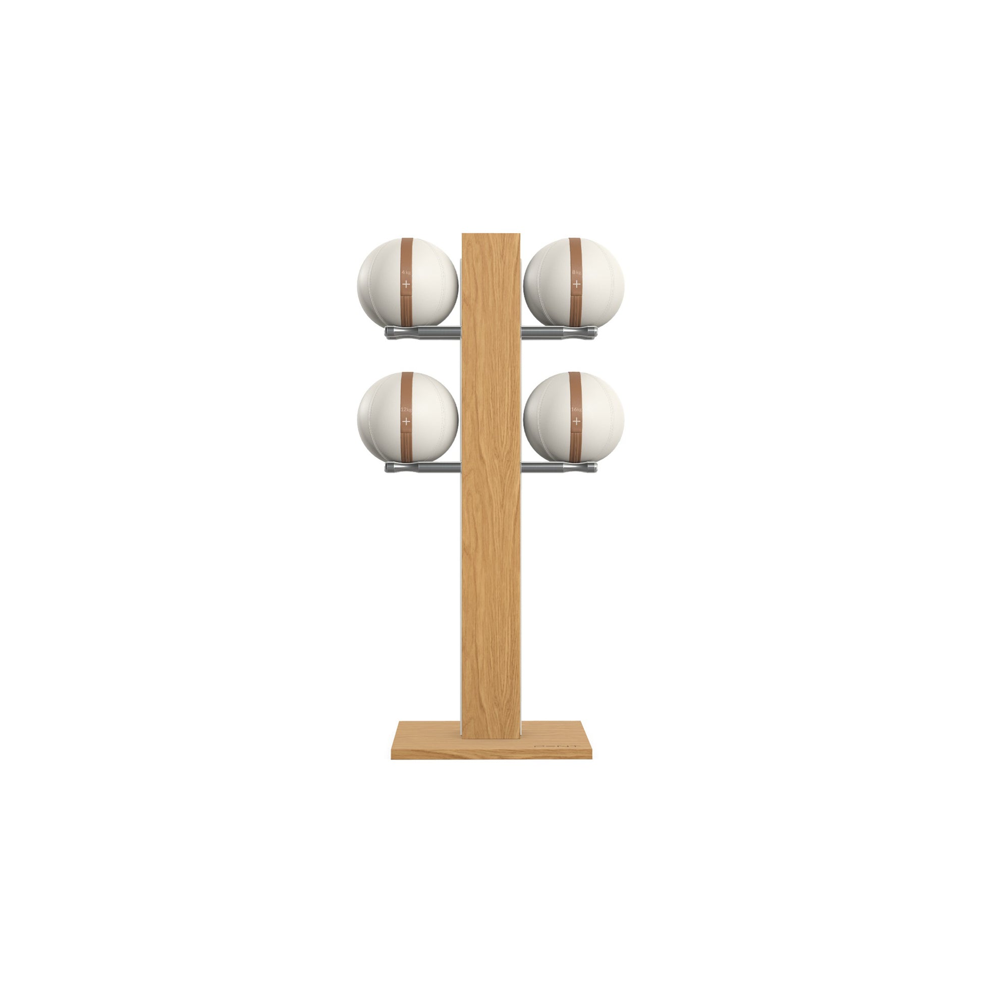 Luxury fitness equipment,  4 leather medicine ball on vertical wooden stand, handcrafted with premium Italian white leather and natural oak wood. PENT. MOXA Set