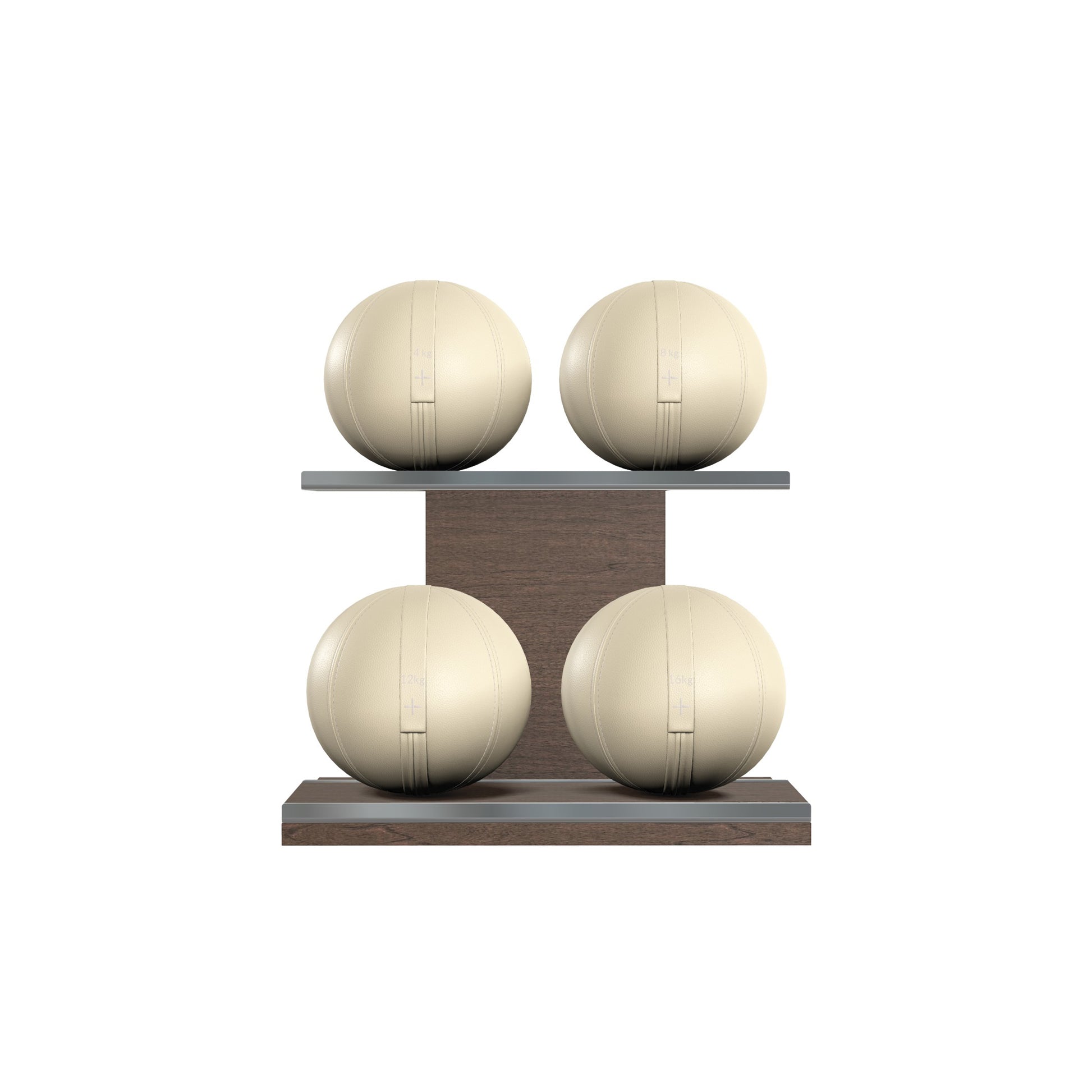 Four beige leather medicine balls with beige accent leather, arranged on two shelves made of natural walnut wood. PENT. MOXA Power - Set of 4 Medicine Balls on Horizontal Wooden Stand