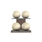 Four beige leather medicine balls with beige accent leather, arranged on two shelves made of natural walnut wood. PENT. MOXA Power - Set of 4 Medicine Balls on Horizontal Wooden Stand