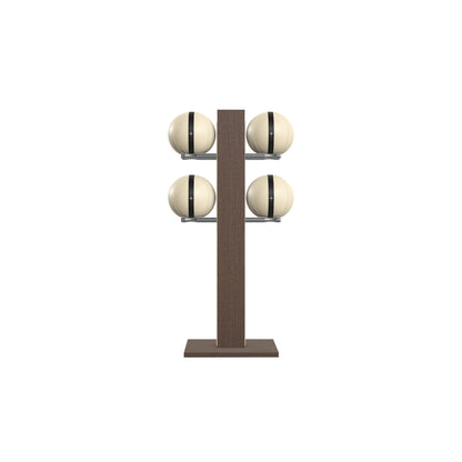 Luxury fitness equipment,  4 leather medicine ball on vertical wooden stand, handcrafted with premium Italian beige leather and dark walnut wood. PENT. MOXA Set