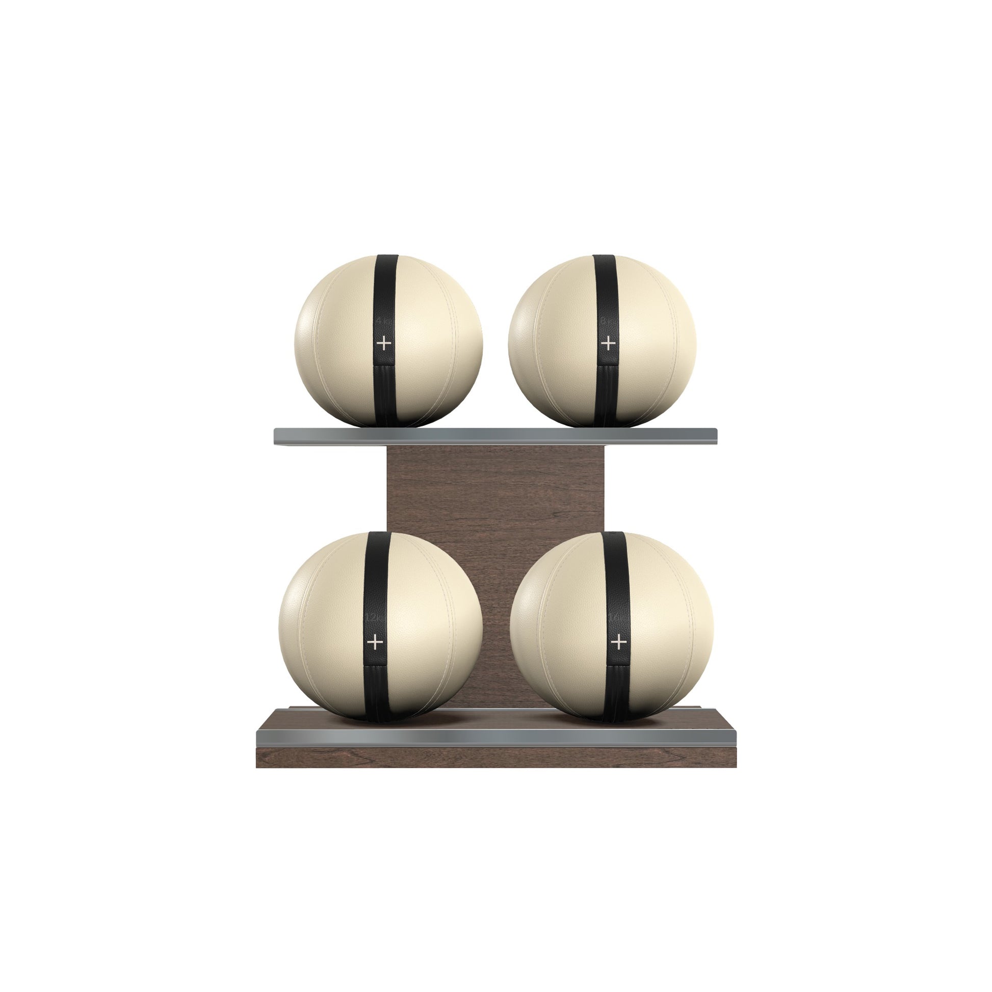 Four beige leather medicine balls with black accent leather, arranged on two shelves made of natural walnut wood. PENT. MOXA Power - Set of 4 Medicine Balls on Horizontal Wooden Stand