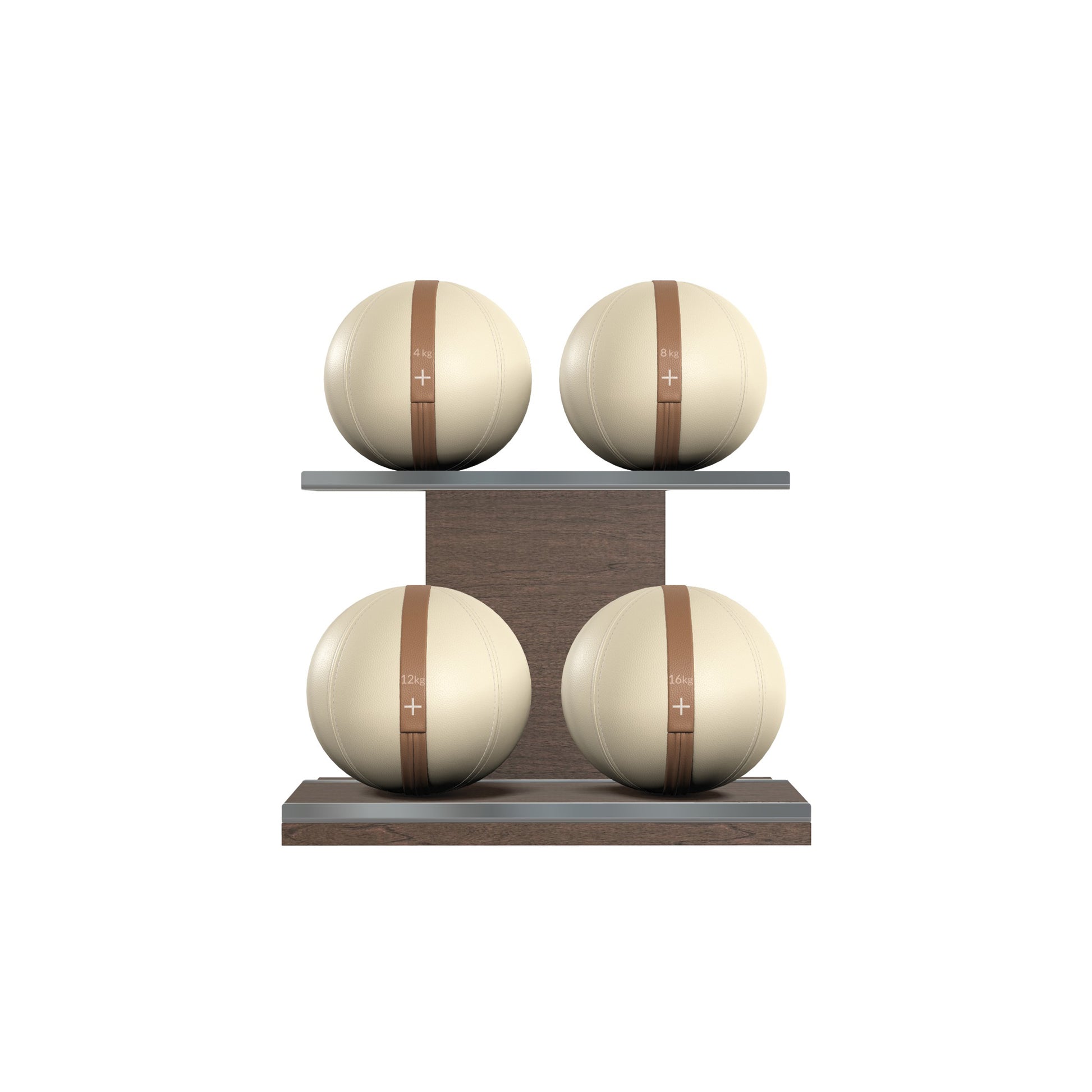 Four beige leather medicine balls with brown accent leather, arranged on two shelves made of natural walnut wood. PENT. MOXA Power - Set of 4 Medicine Balls on Horizontal Wooden Stand