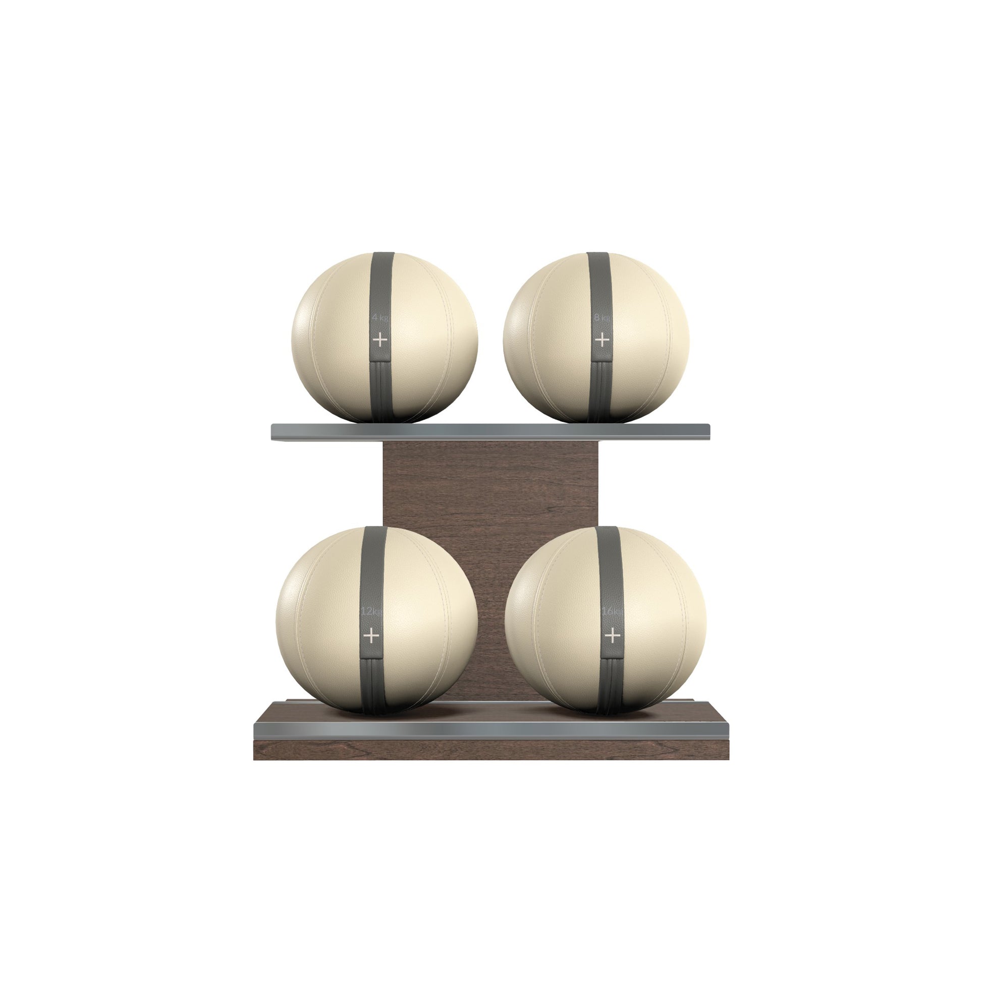 Four beige leather medicine balls with grey accent leather, arranged on two shelves made of natural walnut wood. PENT. MOXA Power - Set of 4 Medicine Balls on Horizontal Wooden Stand