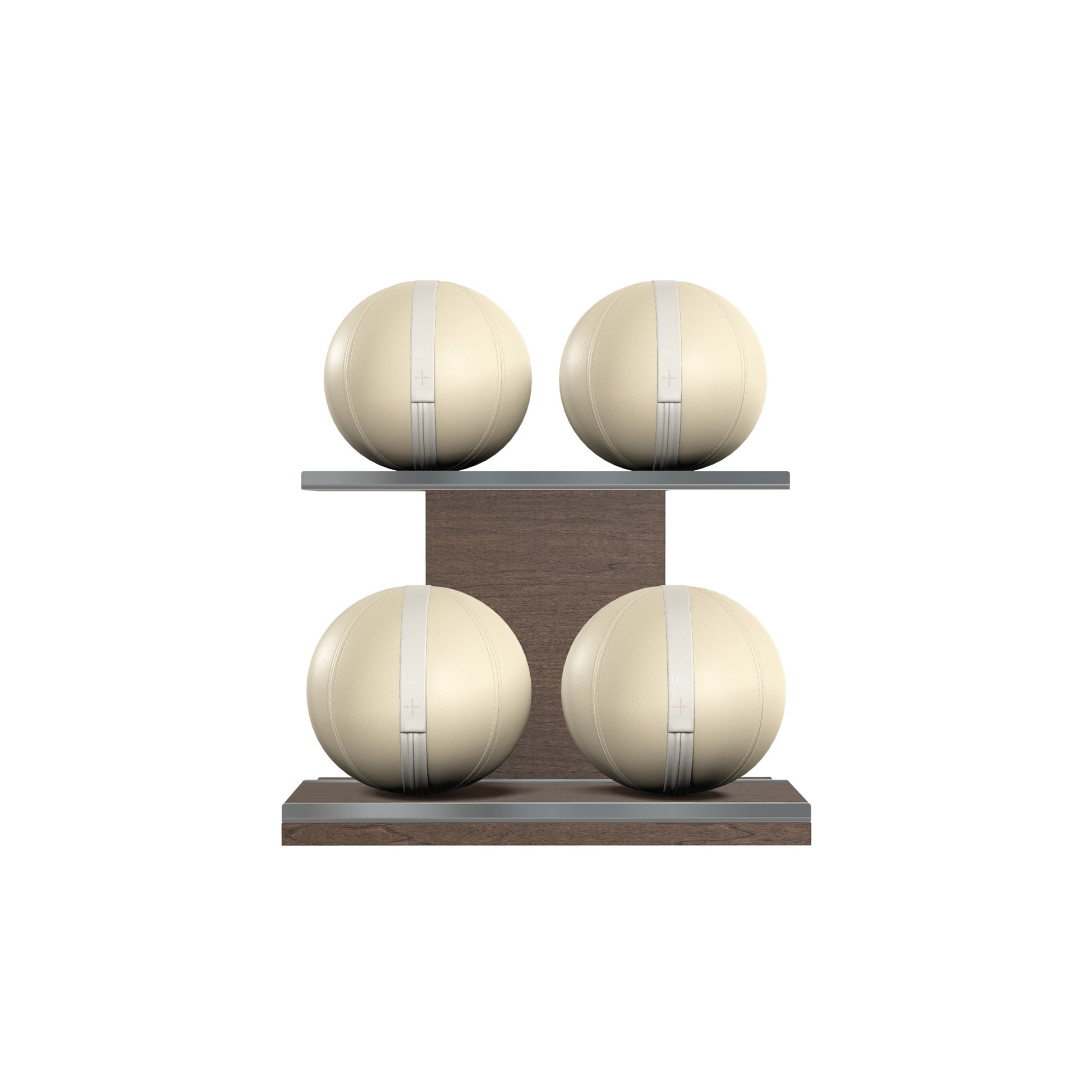 Four beige leather medicine balls with white accent leather, arranged on two shelves made of natural walnut wood. PENT. MOXA Power - Set of 4 Medicine Balls on Horizontal Wooden Stand