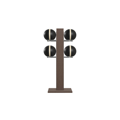 Luxury fitness equipment,  4 leather medicine ball on vertical wooden stand, handcrafted with premium Italian black leather and dark walnut wood. PENT. MOXA Set