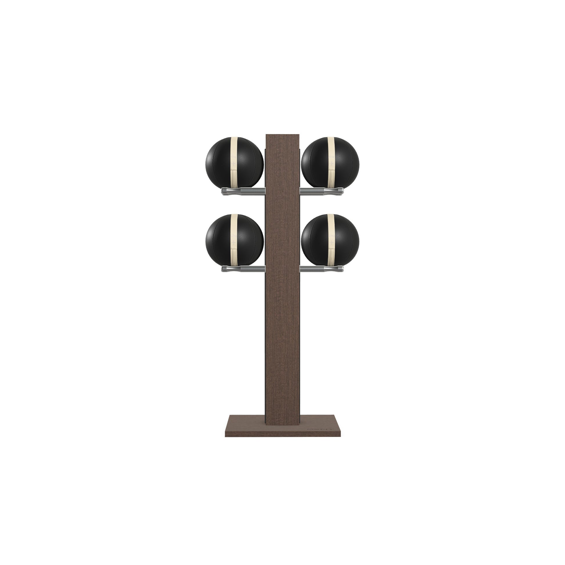 Luxury fitness equipment,  4 leather medicine ball on vertical wooden stand, handcrafted with premium Italian black leather and dark walnut wood. PENT. MOXA Set