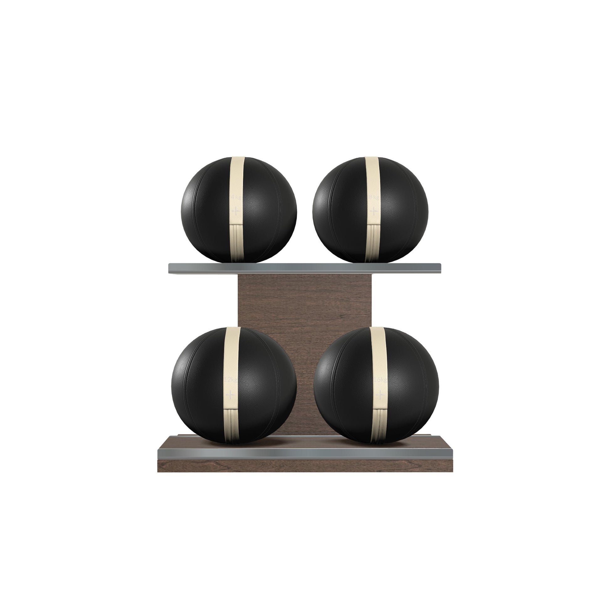 Four black leather medicine balls with beige accent leather, arranged on two shelves made of natural wood. PENT. MOXA Power - Set of 4 Medicine Balls on Horizontal Wooden Stand