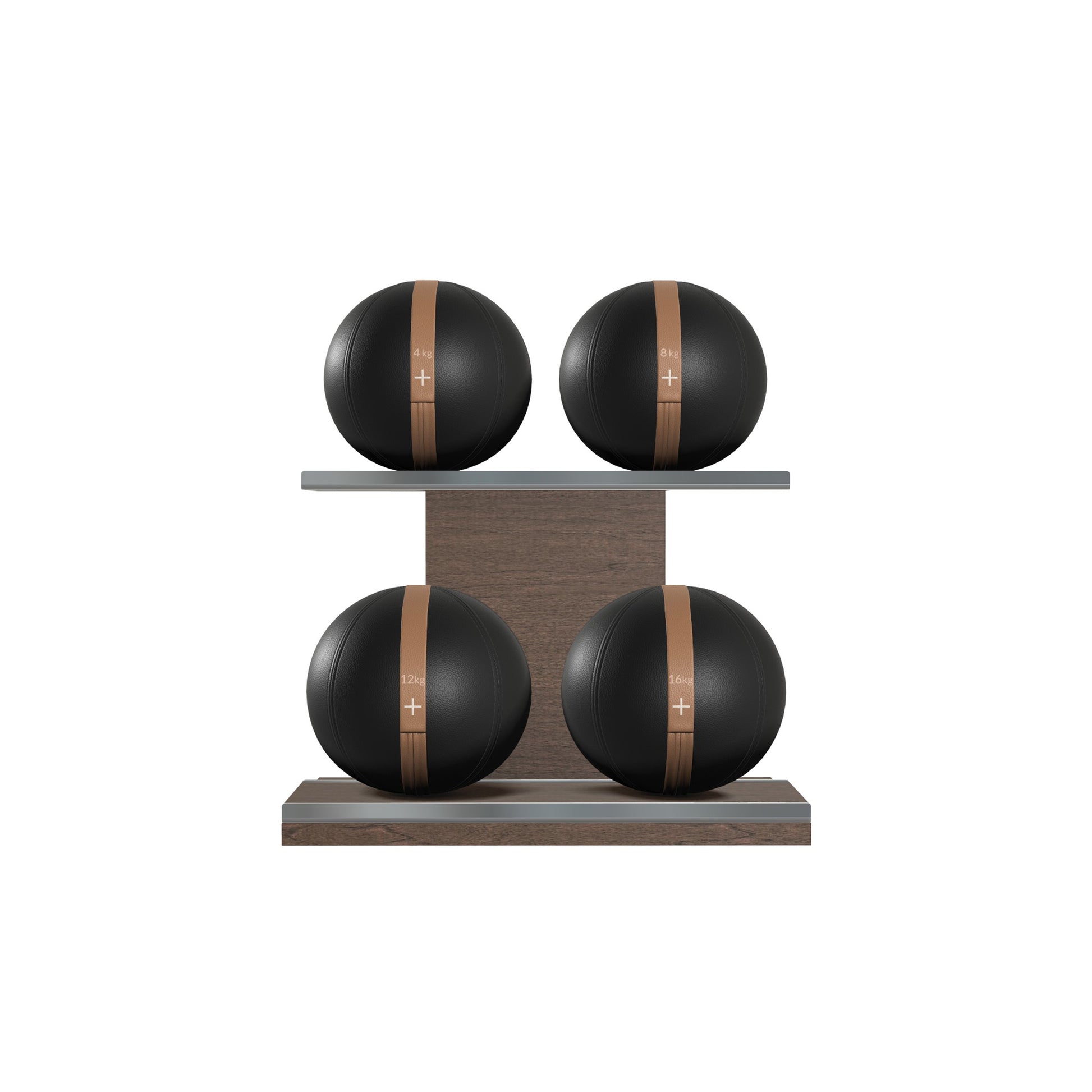 Four black leather medicine balls with brown accent leather, arranged on two shelves made of natural wood. PENT. MOXA Power - Set of 4 Medicine Balls on Horizontal Wooden Stand