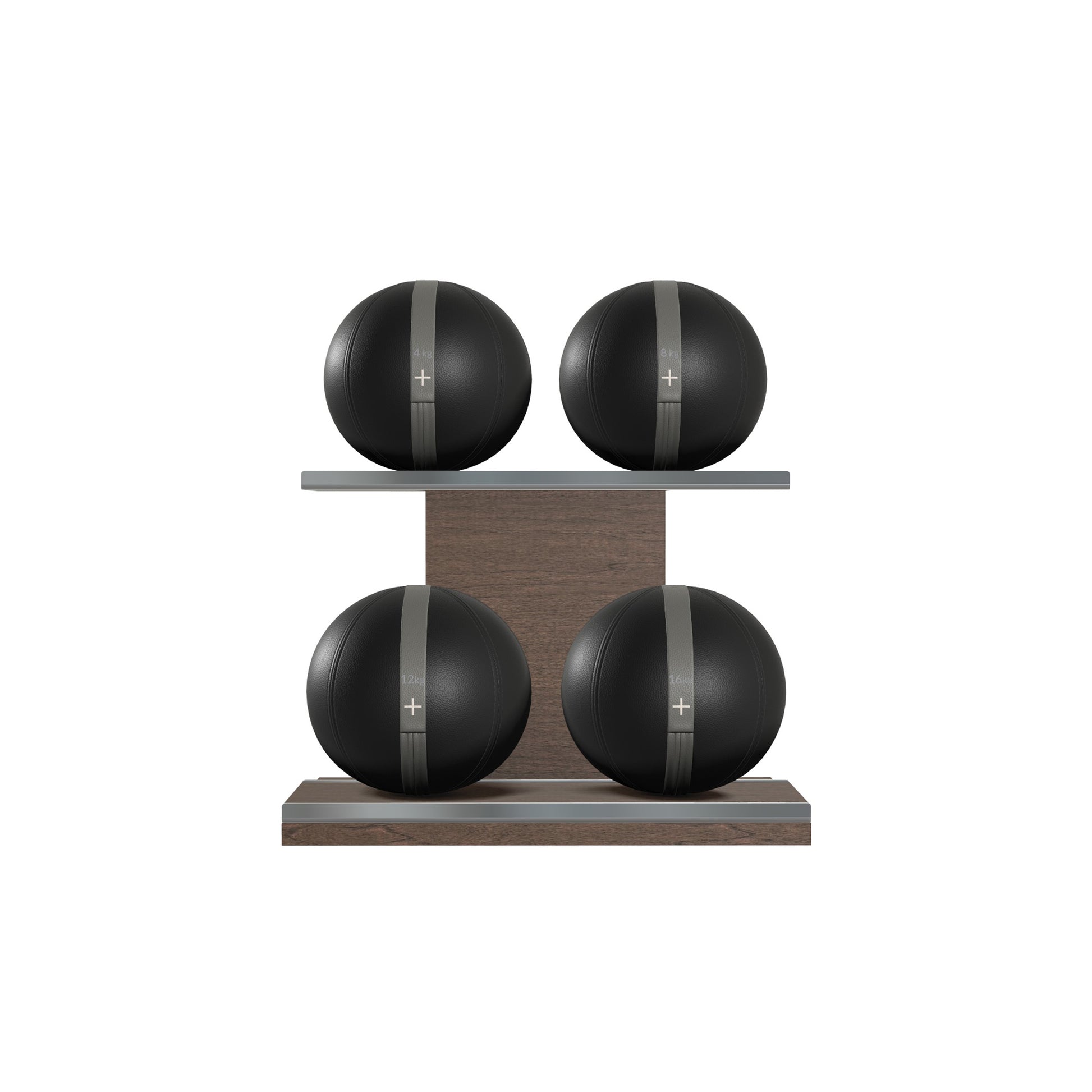 Four black leather medicine balls with grey accent leather, arranged on two shelves made of natural wood. PENT. MOXA Power - Set of 4 Medicine Balls on Horizontal Wooden Stand