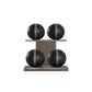 Four black leather medicine balls with grey accent leather, arranged on two shelves made of natural wood. PENT. MOXA Power - Set of 4 Medicine Balls on Horizontal Wooden Stand