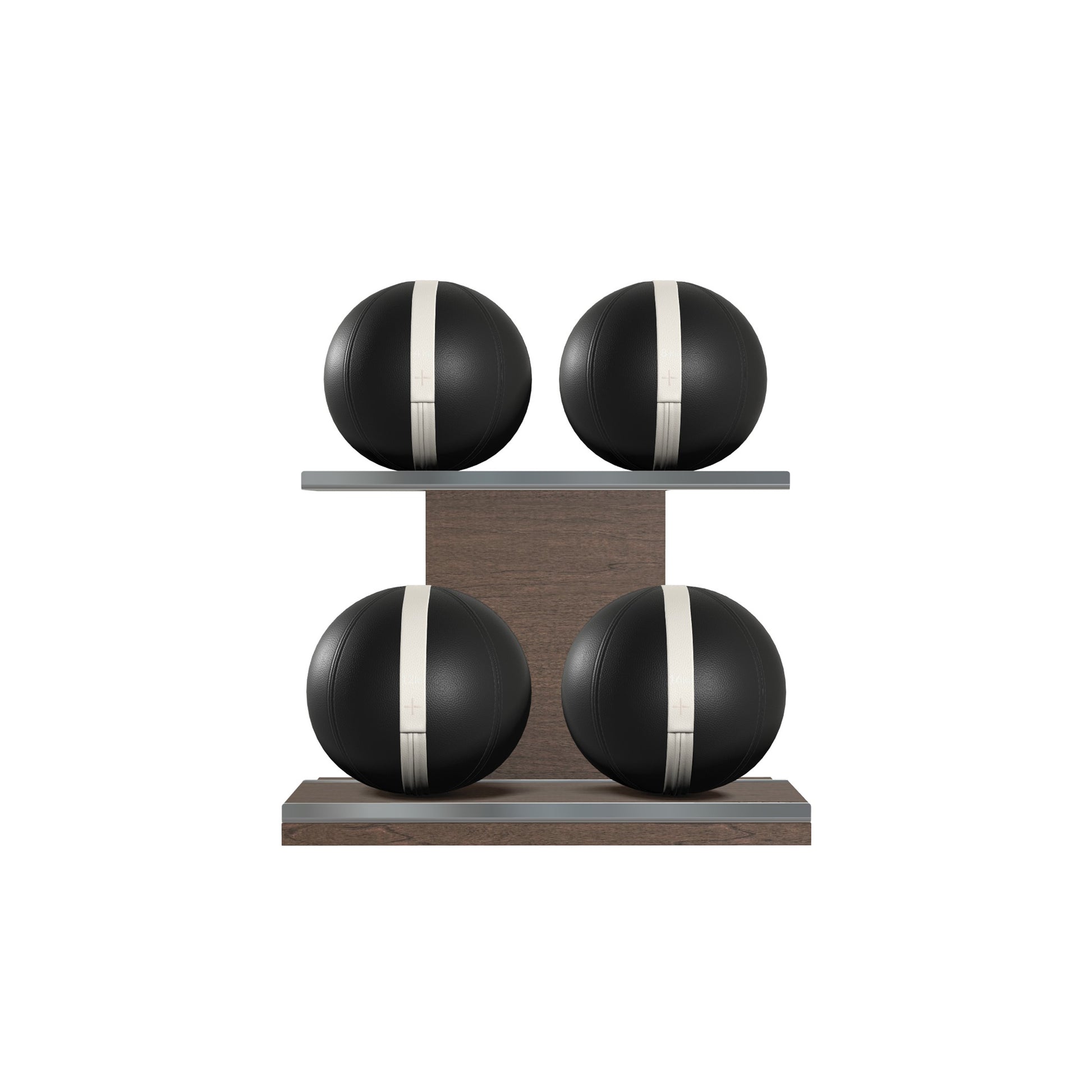 Four black leather medicine balls with white accent leather, arranged on two shelves made of natural wood. PENT. MOXA Power - Set of 4 Medicine Balls on Horizontal Wooden Stand
