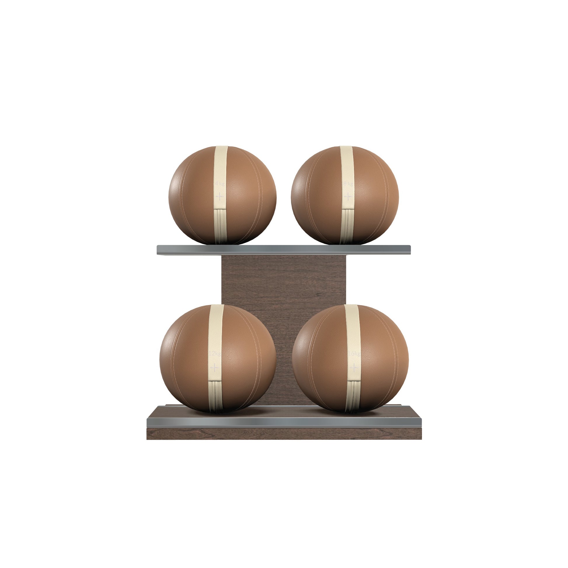 Four brown leather medicine balls with beige accent leather, arranged on two shelves made of natural wood. PENT. MOXA Power - Set of 4 Medicine Balls on Horizontal Wooden Stand