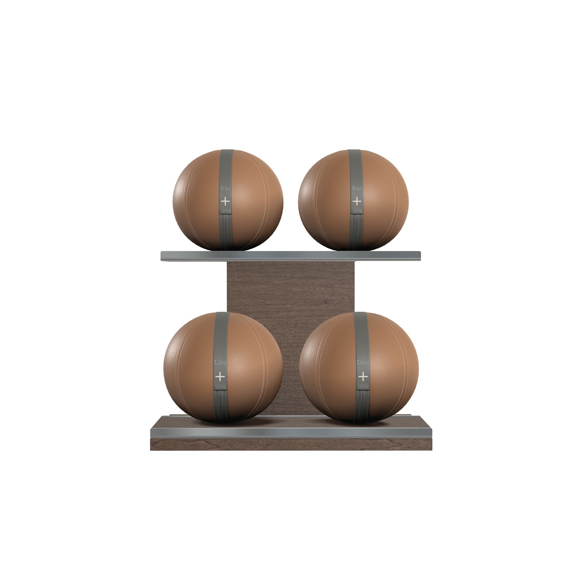 Four brown leather medicine balls with grey accent leather, arranged on two shelves made of natural wood. PENT. MOXA Power - Set of 4 Medicine Balls on Horizontal Wooden Stand