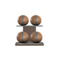 Four brown leather medicine balls with grey accent leather, arranged on two shelves made of natural wood. PENT. MOXA Power - Set of 4 Medicine Balls on Horizontal Wooden Stand