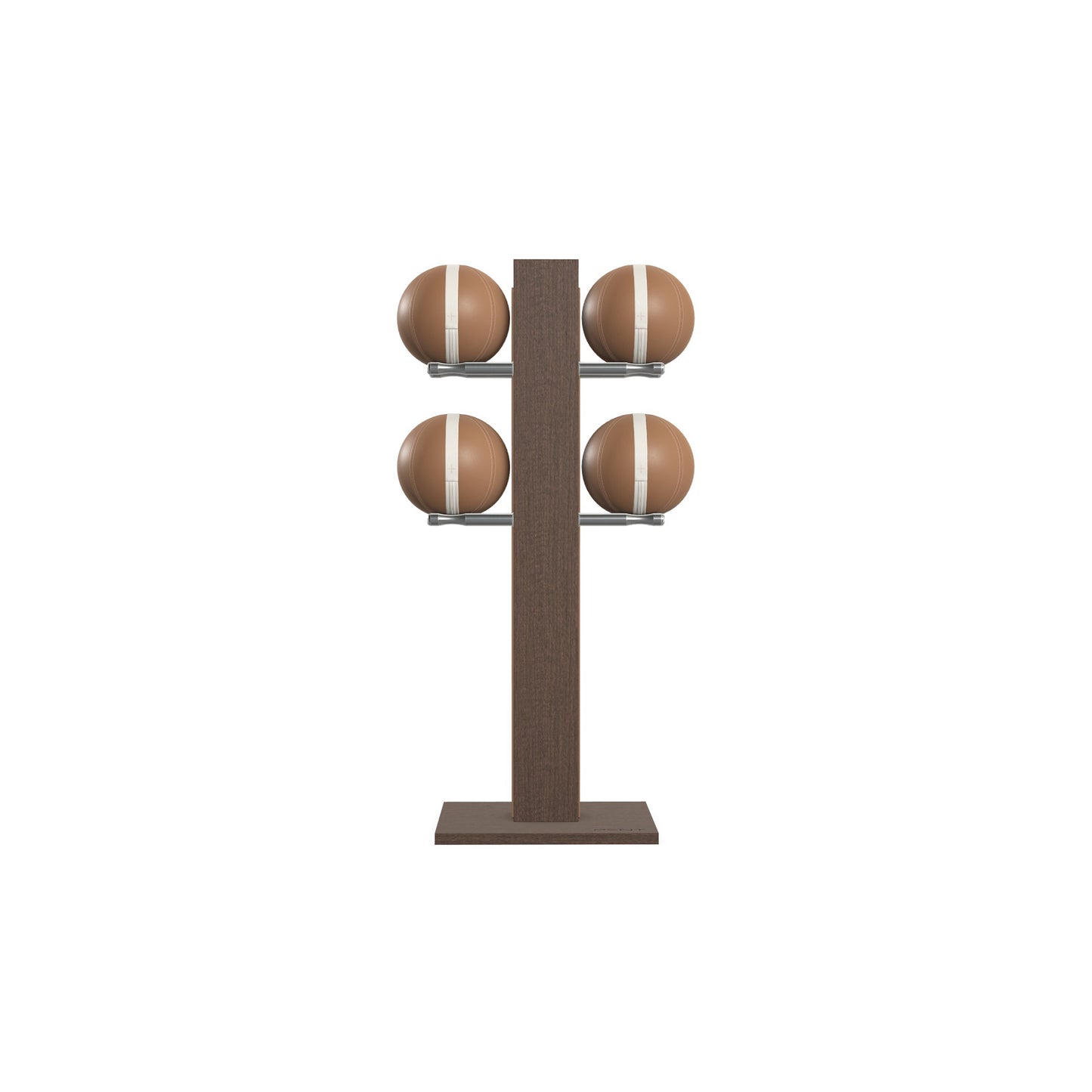 Luxury fitness equipment,  4 leather medicine ball on vertical wooden stand, handcrafted with premium Italian brown leather and dark walnut wood. PENT. MOXA Set