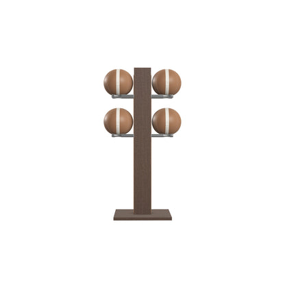 Luxury fitness equipment,  4 leather medicine ball on vertical wooden stand, handcrafted with premium Italian brown leather and dark walnut wood. PENT. MOXA Set