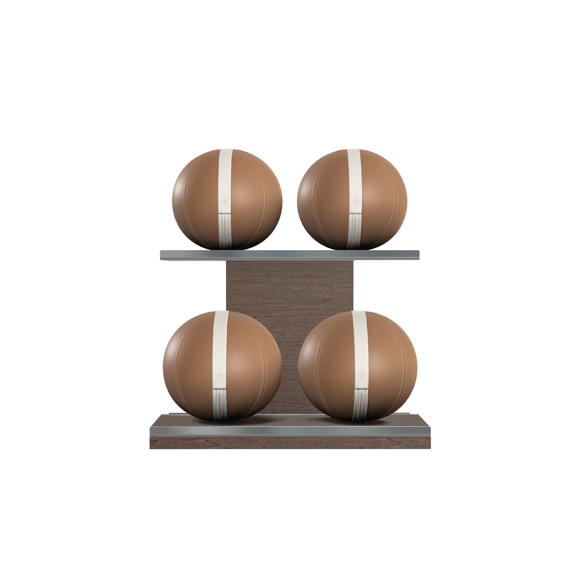 Four brown leather medicine balls with white accent leather, arranged on two shelves made of natural wood. PENT. MOXA Power - Set of 4 Medicine Balls on Horizontal Wooden Stand