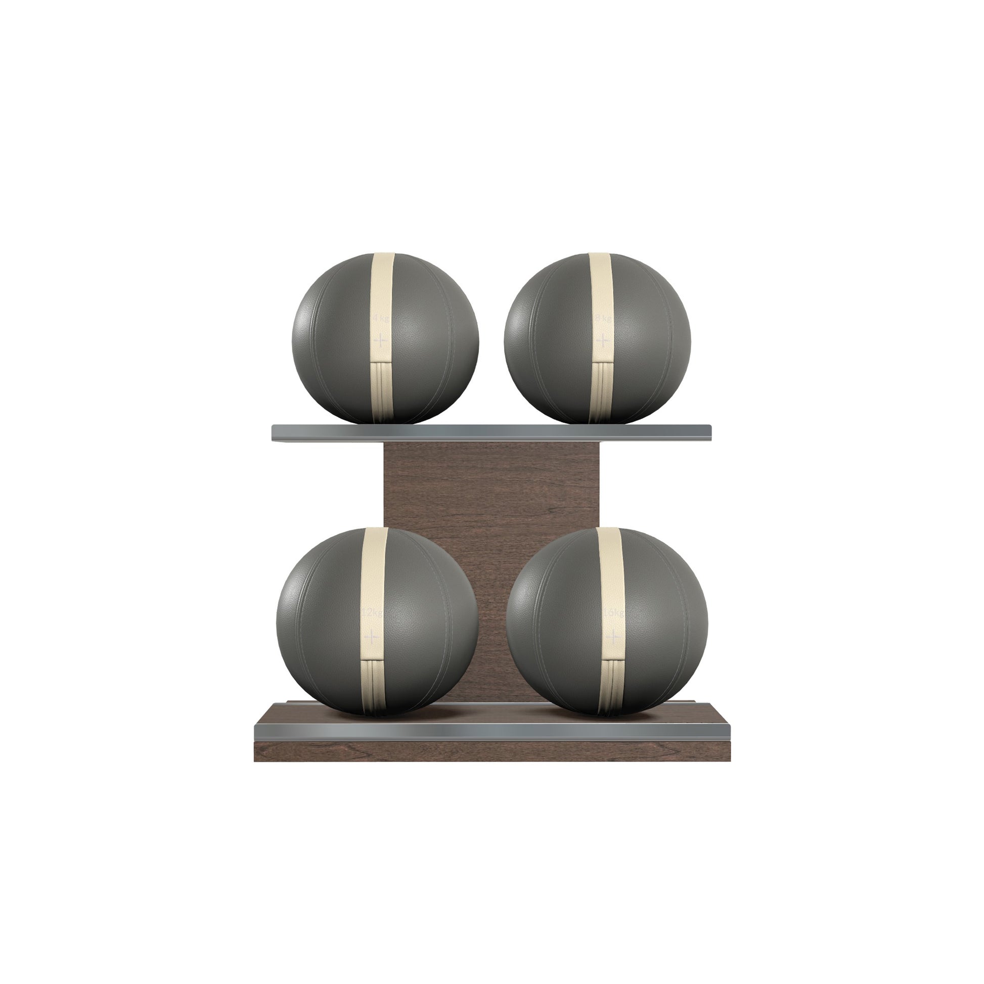 Four grey leather medicine balls with beige accent leather, arranged on two shelves made of natural wood. PENT. MOXA Power - Set of 4 Medicine Balls on Horizontal Wooden Stand