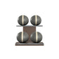 Four grey leather medicine balls with beige accent leather, arranged on two shelves made of natural wood. PENT. MOXA Power - Set of 4 Medicine Balls on Horizontal Wooden Stand