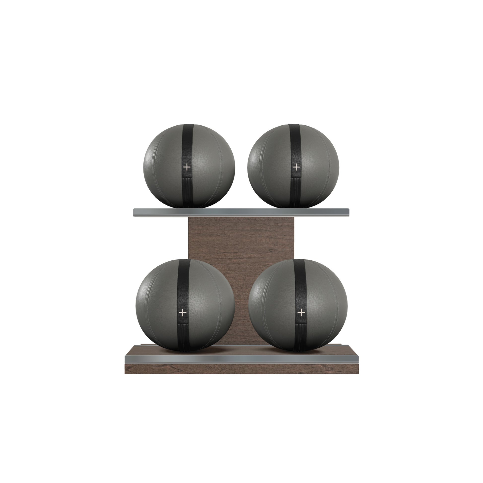 Four grey leather medicine balls with black accent leather, arranged on two shelves made of natural wood. PENT. MOXA Power - Set of 4 Medicine Balls on Horizontal Wooden Stand