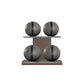 Four grey leather medicine balls with black accent leather, arranged on two shelves made of natural wood. PENT. MOXA Power - Set of 4 Medicine Balls on Horizontal Wooden Stand