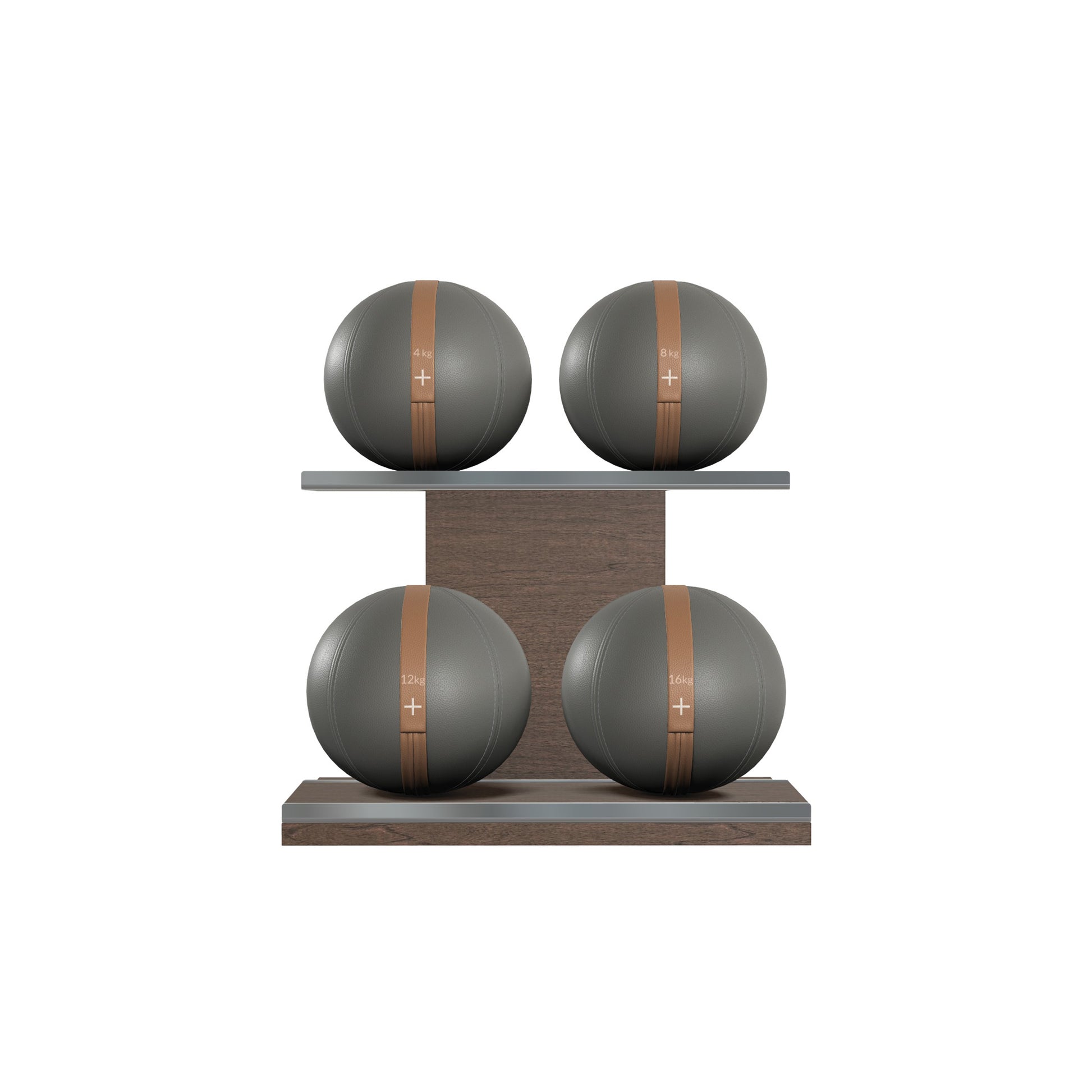 Four grey leather medicine balls with brown accent leather, arranged on two shelves made of natural wood. PENT. MOXA Power - Set of 4 Medicine Balls on Horizontal Wooden Stand