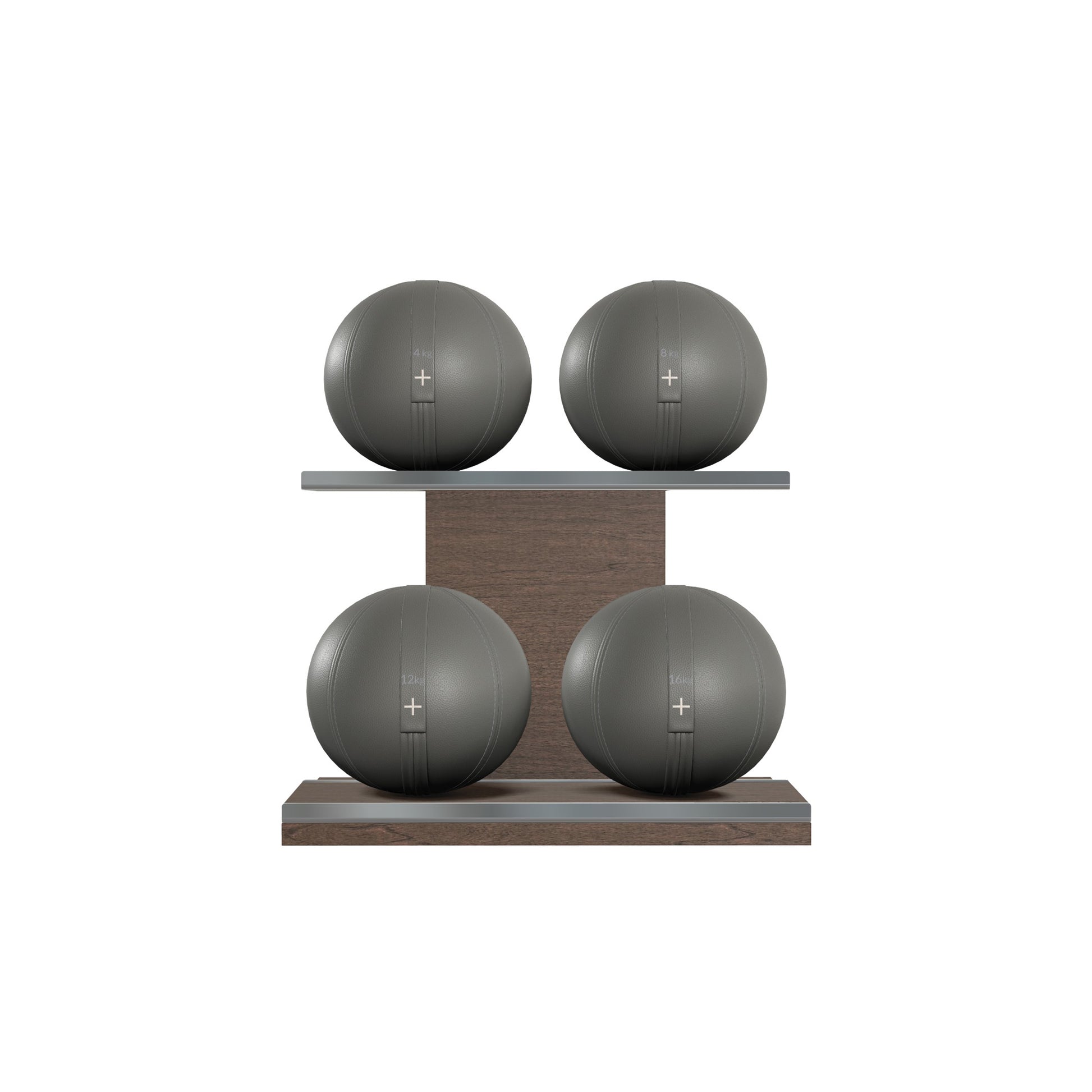 Four grey leather medicine balls with grey accent leather, arranged on two shelves made of natural wood. PENT. MOXA Power - Set of 4 Medicine Balls on Horizontal Wooden Stand