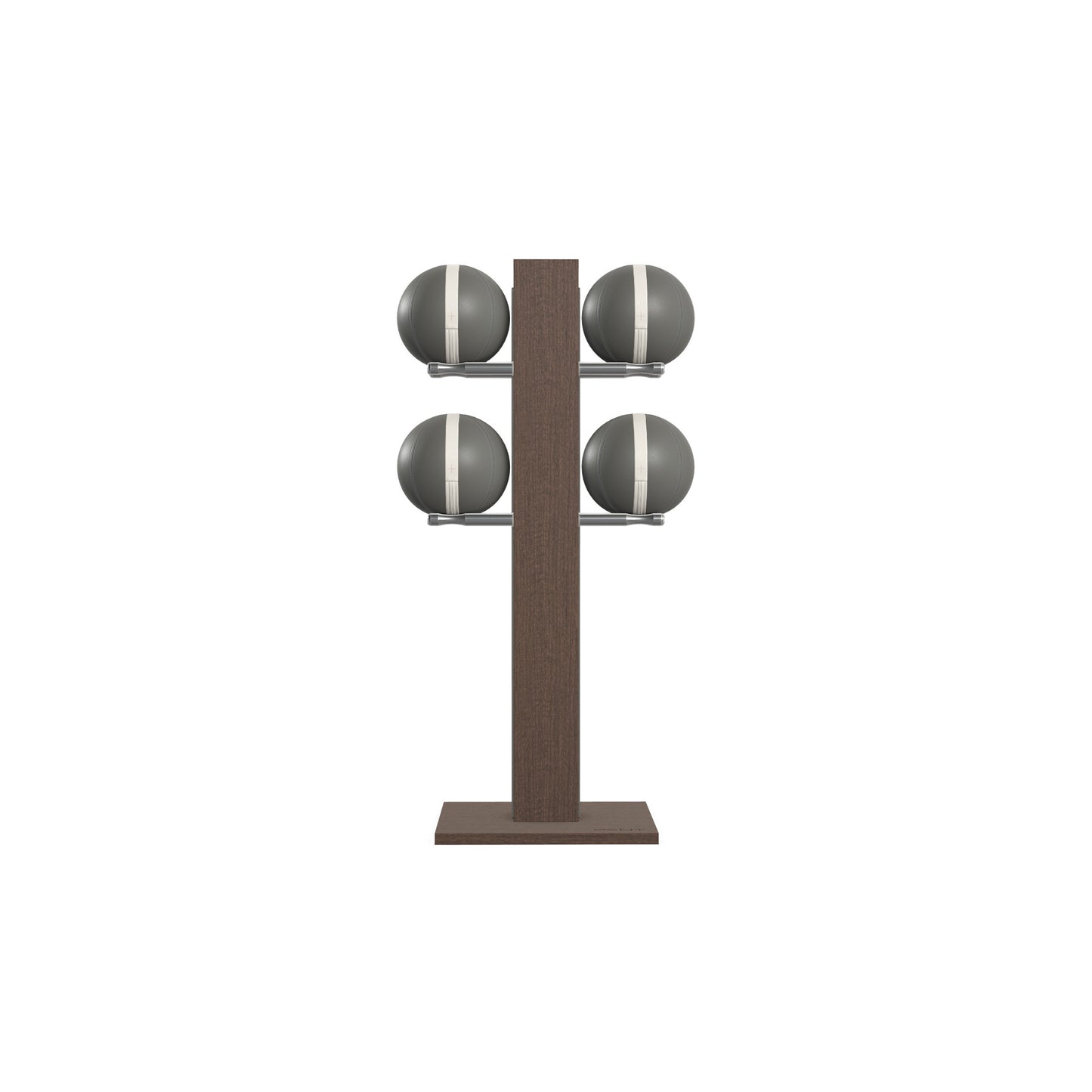 Luxury fitness equipment,  4 leather medicine ball on vertical wooden stand, handcrafted with premium Italian grey leather and dark walnut wood. PENT. MOXA Set
