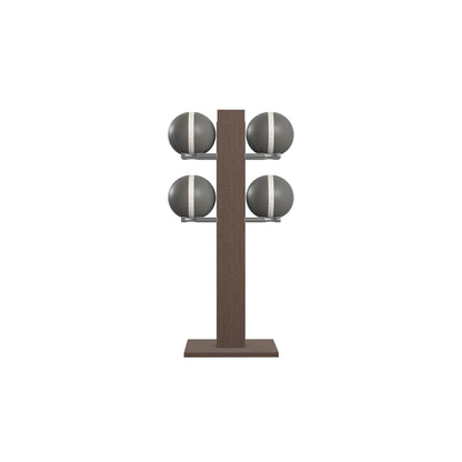 Luxury fitness equipment,  4 leather medicine ball on vertical wooden stand, handcrafted with premium Italian grey leather and dark walnut wood. PENT. MOXA Set
