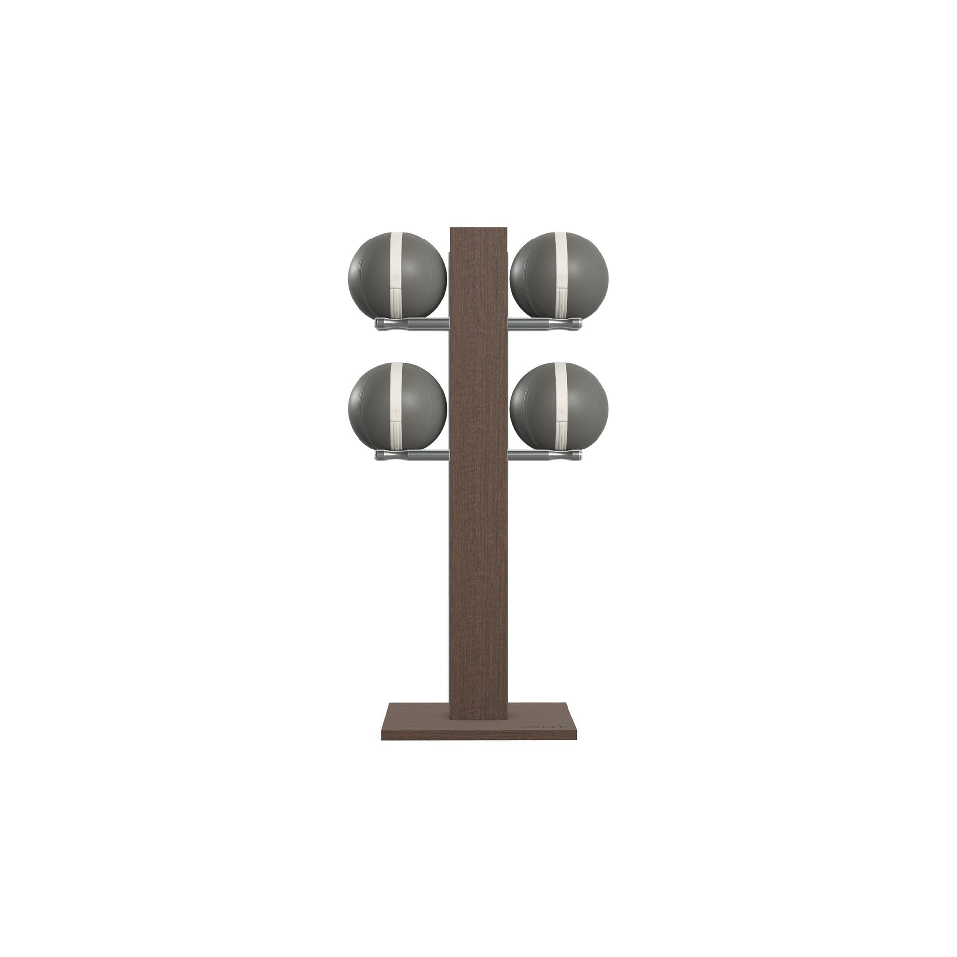 Luxury fitness equipment,  4 leather medicine ball on vertical wooden stand, handcrafted with premium Italian grey leather and dark walnut wood. PENT. MOXA Set