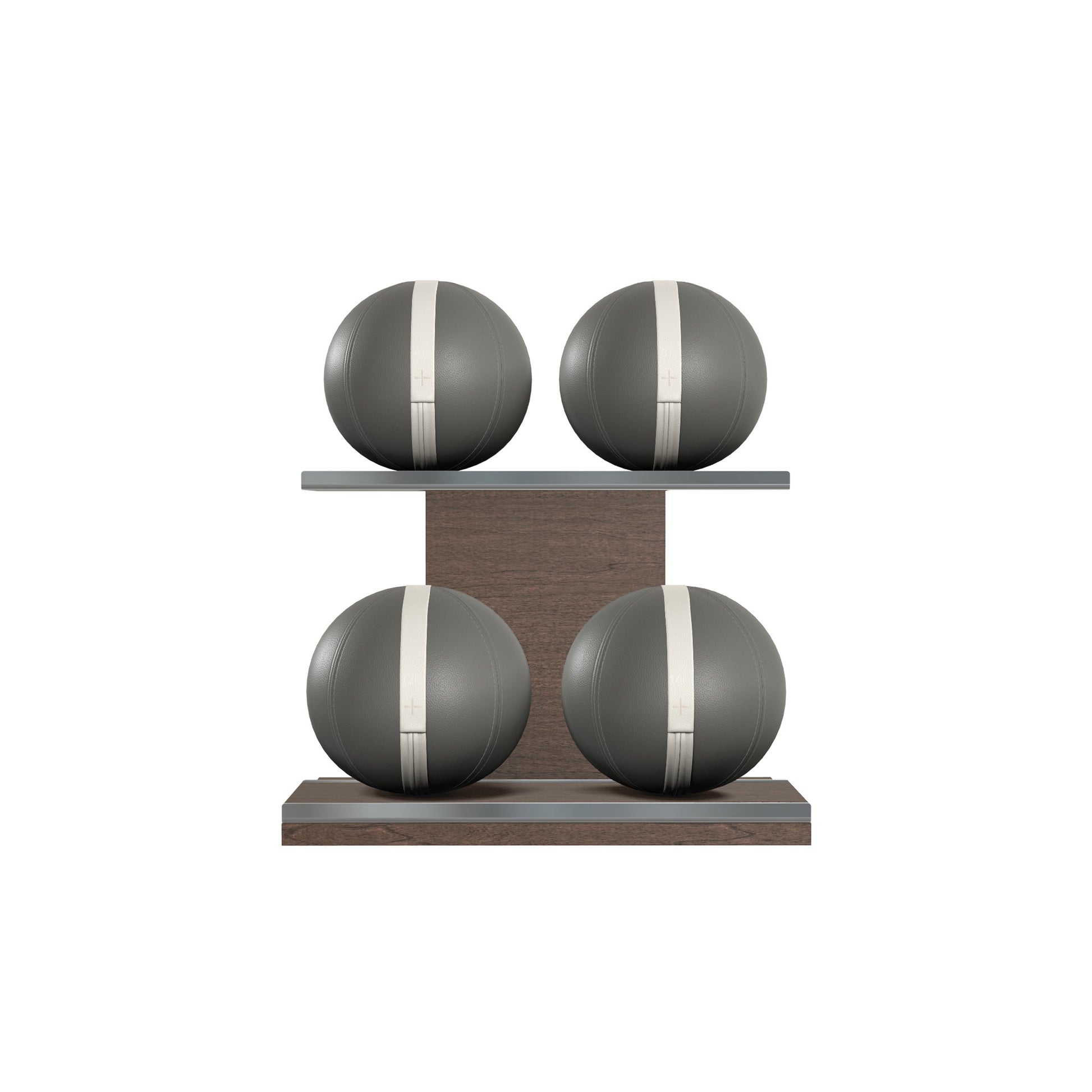 Four grey leather medicine balls with white accent leather, arranged on two shelves made of natural wood. PENT. MOXA Power - Set of 4 Medicine Balls on Horizontal Wooden Stand