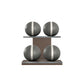 Four grey leather medicine balls with white accent leather, arranged on two shelves made of natural wood. PENT. MOXA Power - Set of 4 Medicine Balls on Horizontal Wooden Stand