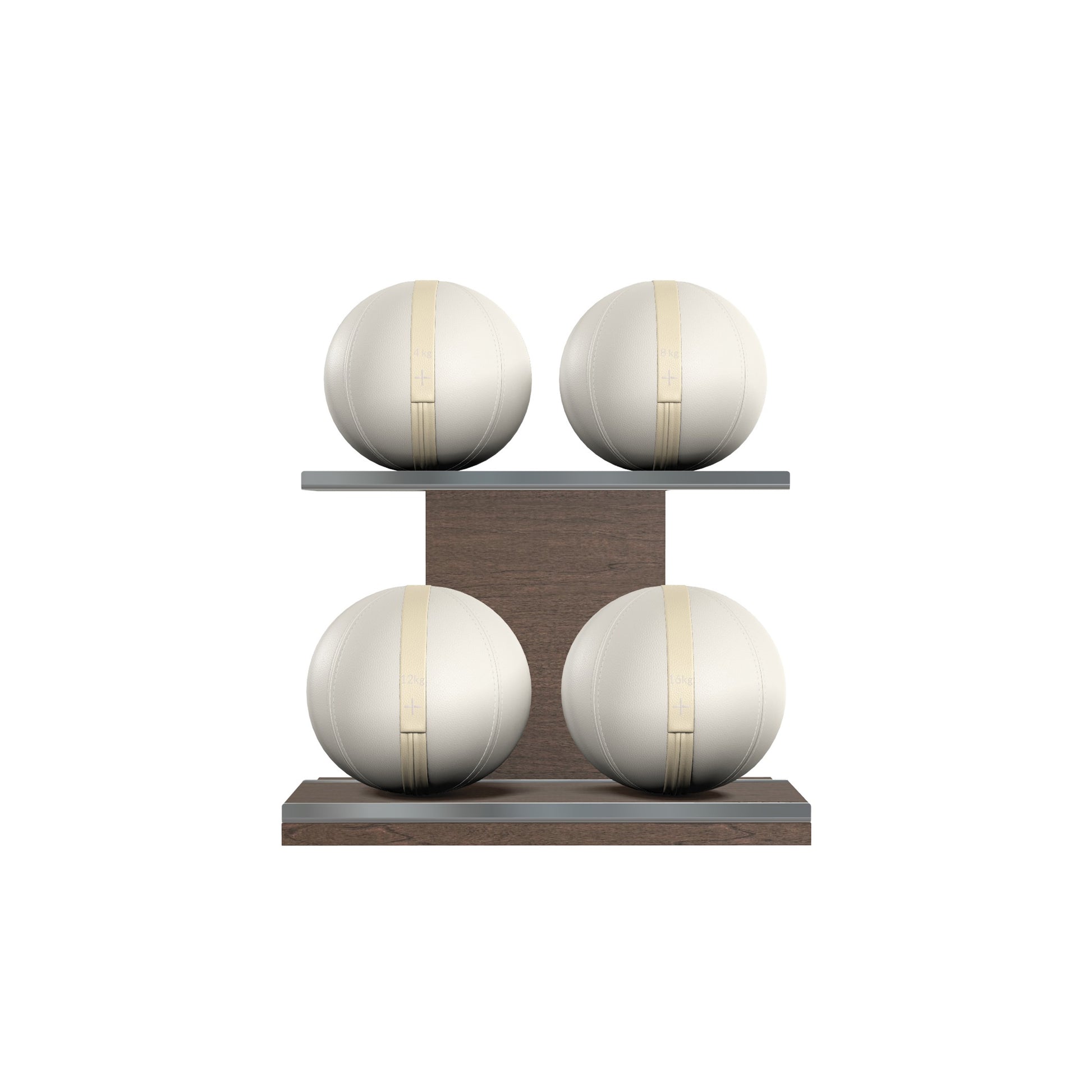 Four white leather medicine balls with beige accent leather, arranged on two shelves made of natural walnut wood. PENT. MOXA Power - Set of 4 Medicine Balls on Horizontal Wooden Stand