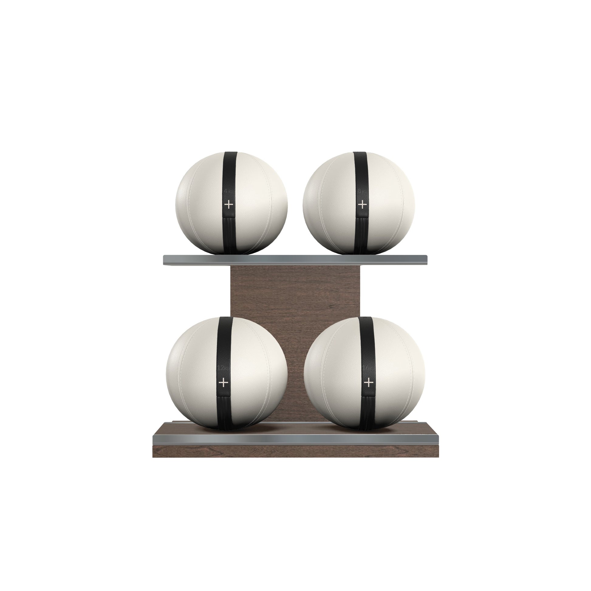Four white leather medicine balls with black accent leather, arranged on two shelves made of natural walnut wood. PENT. MOXA Power - Set of 4 Medicine Balls on Horizontal Wooden Stand