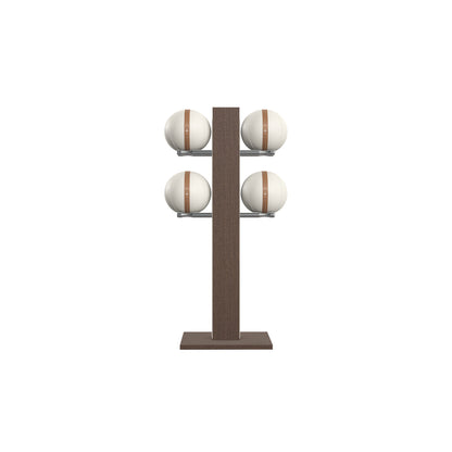Luxury fitness equipment,  4 leather medicine ball on vertical wooden stand, handcrafted with premium Italian white leather and dark walnut wood. PENT. MOXA Set